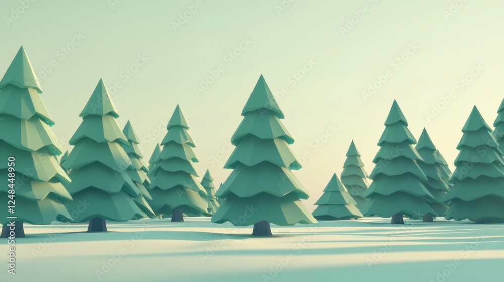 Low Poly Winter Forest Scene: Serene Minimalist Evergreen Treescape Low Poly Winter Forest Scene: Serene Minimalist Evergreen Treescape