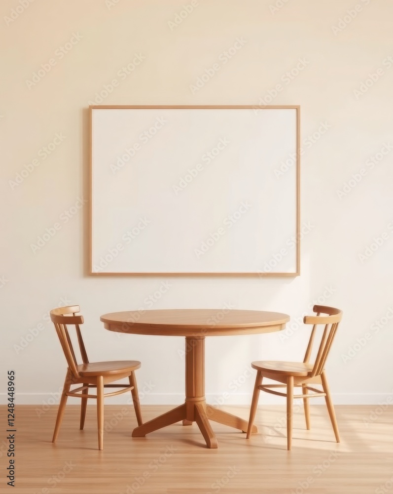 Empty picture frame mockup above mid-century modern dining set with four chairs, round table, neutral color palette, interior design concept, blank frame mockup. Empty picture frame mockup above mid-century modern dining set with four chairs, round table, neutral color palette, interior design concept, blank frame mockup.