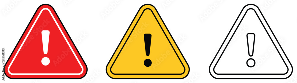 Warning, precaution, attention, alert icon, set exclamation mark in triangle shape. Exclamation marks. Caution alarm set, danger signs. Attention symbols. Warning and attention icons. Warning, precaution, attention, alert icon, set exclamation mark in triangle shape. Exclamation marks. Caution alarm set, danger signs. Attention symbols. Warning and attention icons.