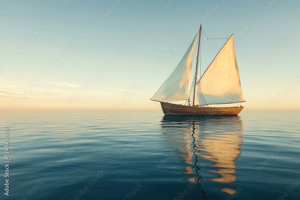 Naklejka premium Wooden Sailboat Navigates Calm Ocean Waters at Sunset, Serenity and Tranquility on a Peaceful Voyage.