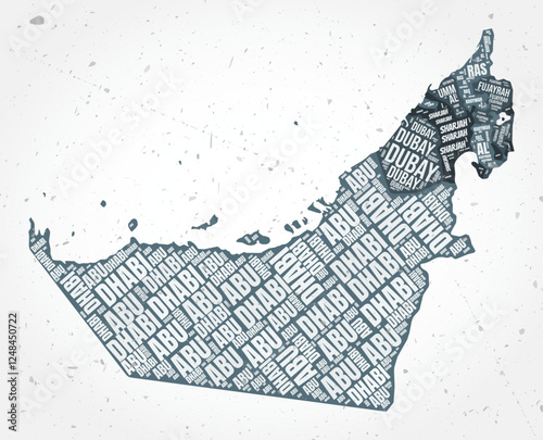 United Arab Emirates regions word clouds. Country shape on textured background. United Arab Emirates design in typographic style. Elegant vector illustration.