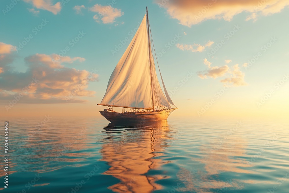 Fototapeta premium Wooden Sailboat Sailing on Calm Ocean Waters at Sunset, Peaceful Serenity at Sea, Tranquil Voyage