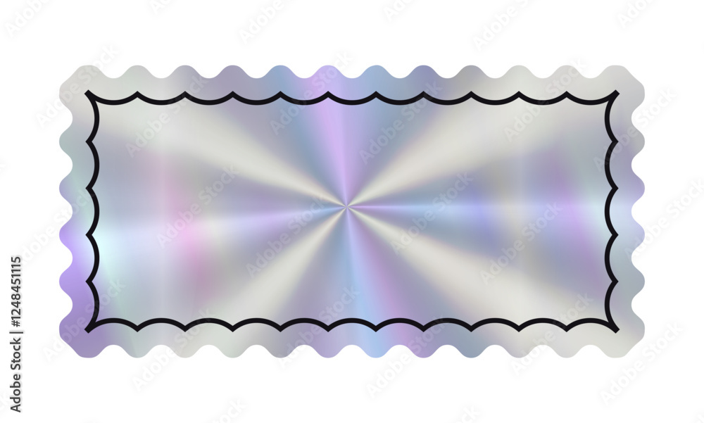 Hologram empty rectangular Sticker with line decoration and wavy edges. Holographic label in retro style for text. Simple geometric shape with rainbow y2k color. Blank Tag minimalist coupon.
