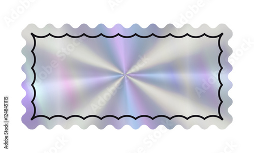Hologram empty rectangular Sticker with line decoration and wavy edges. Holographic label in retro style for text. Simple geometric shape with rainbow y2k color. Blank Tag minimalist coupon.