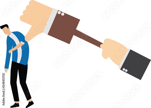 Getting failures, mistakes, negative results, negative feedback, low ratings or disappointing performances, hand holding the gavel of downward thumbs to hammer the businessmen
