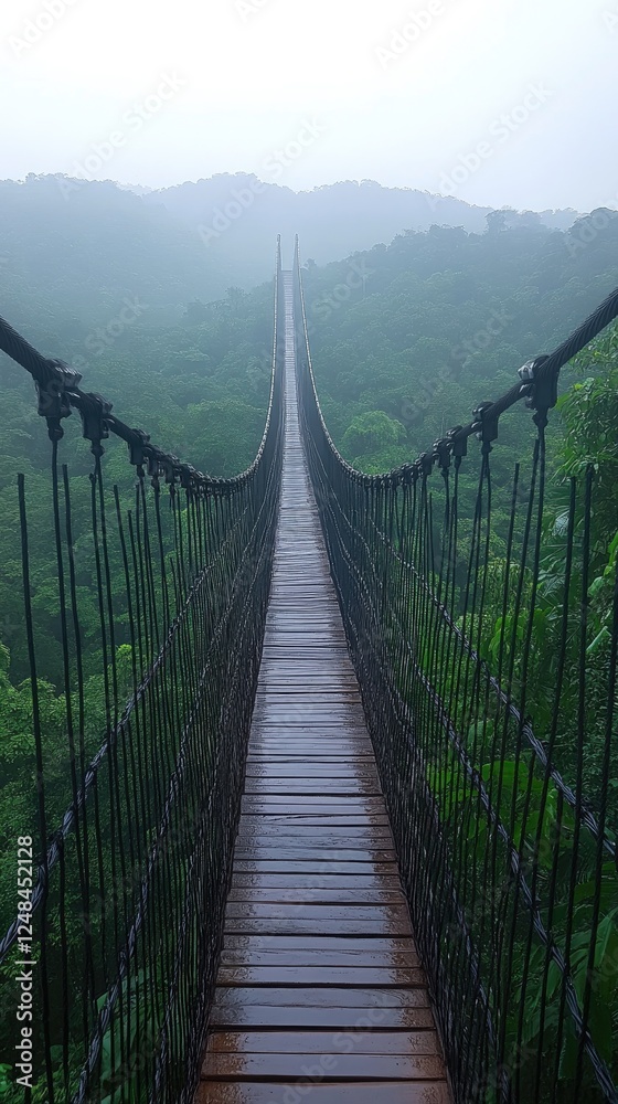 Obraz premium Walk Rainy Suspension Bridge Lush Forest