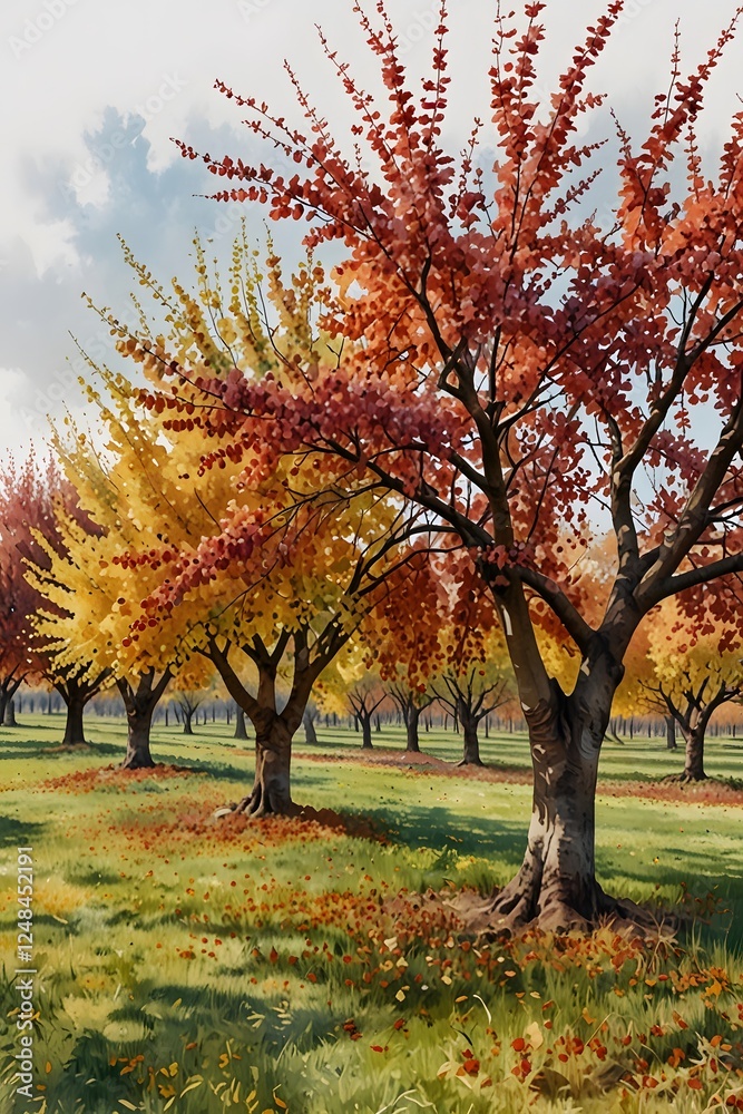 Fototapeta premium Cherry orchard in the fall with colorful leaves in watercolor style