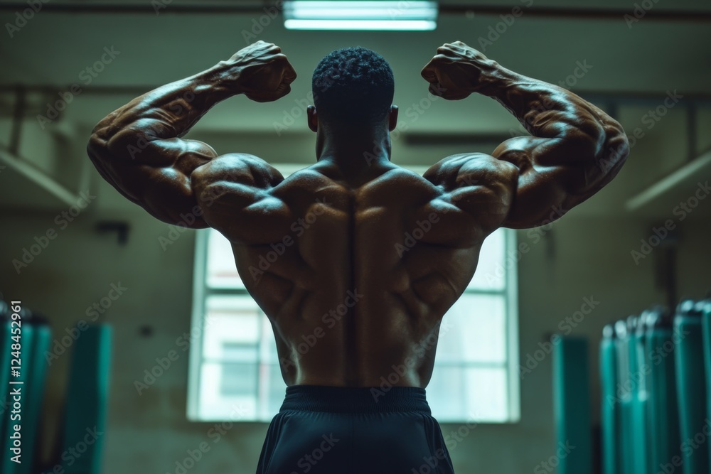Muscular man flexing in front of a gym mirror during a workout Muscular man flexing in front of a gym mirror during a workout