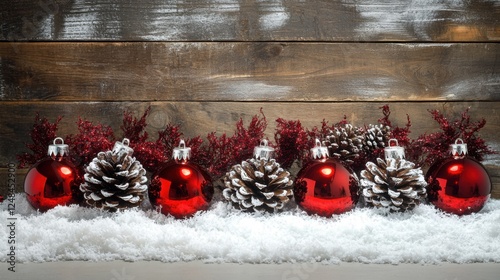 red christmas ornaments pine cones snow wooden background photo