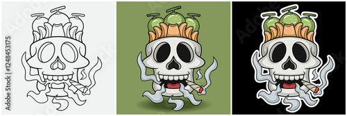 Melon Fruit Inside Skull Head With Smoking Character Cartoon. Black White, Colorful and Sticker Style.