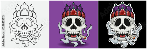 Fig Fruit Inside Skull Head With Smoking Character Cartoon. Black White, Colorful and Sticker Style.