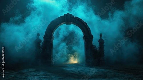 Mysterious Stone Archway in Eerie Night Fog