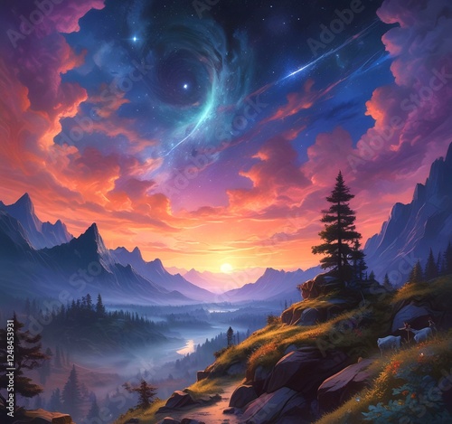 Illustration of landscape with starry sky.