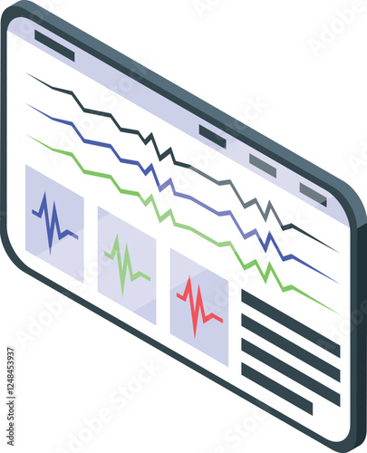 Tablet displaying decreasing lines graph and pulse rate in isometric view, representing financial market analysis or medical health monitoring