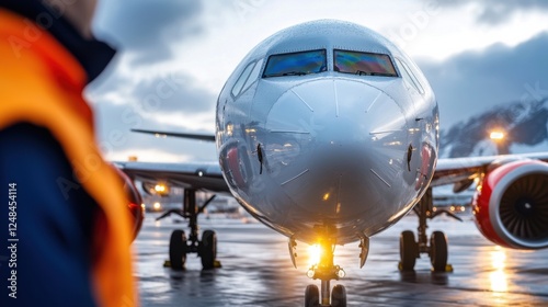 Dramatic shot of an emergency maintenance crew working on a commercial passenger aircraft at the airport runway surrounded by cloudy skies and the airport s infrastructure photo