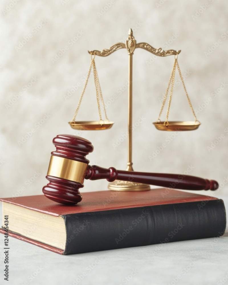 A wooden gavel rests on a law book, with a balanced scale in the background, symbolizing justice and legal proceedings. A wooden gavel rests on a law book, with a balanced scale in the background, symbolizing justice and legal proceedings.