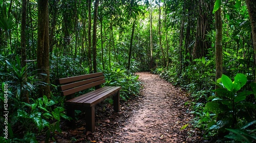 Wooden Bench in Lush Green Forest with river path