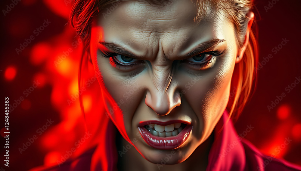Close-up portrait of a woman with an angry expression. Her eyebrows are furrowed, her lips are tightly pursed, and her eyes are sharp. Close-up portrait of a woman with an angry expression. Her eyebrows are furrowed, her lips are tightly pursed, and her eyes are sharp.