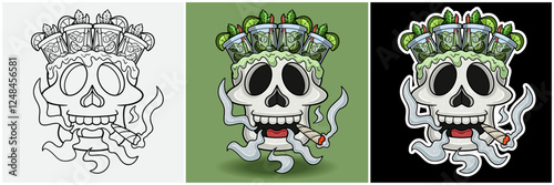 Mojito Drink Inside Skull Head With Smoking Character Cartoon. Black White, Colorful and Sticker Style.