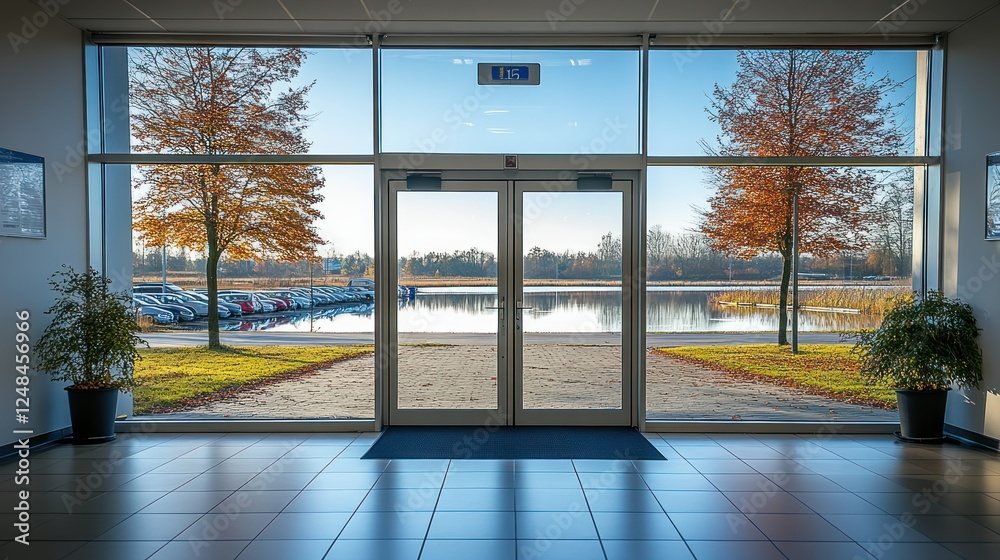 Fototapeta premium Autumnal Lake View from Modern Building Entrance