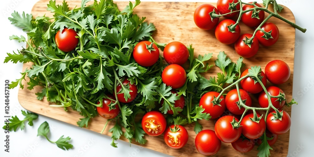 Fresh and Flavorful: Arugula and Cherry Tomatoes on a Cutting Board Fresh and Flavorful: Arugula and Cherry Tomatoes on a Cutting Board