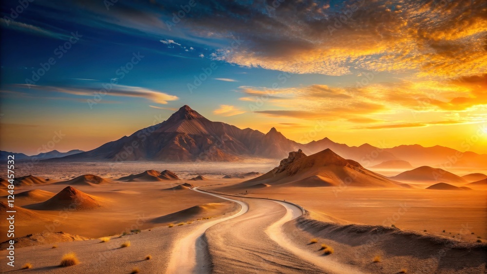 Naklejka premium A Serene Desert Landscape at Sunrise with a Winding Road Leading Towards Majestic Mountains Under a Vivid, Golden Sky