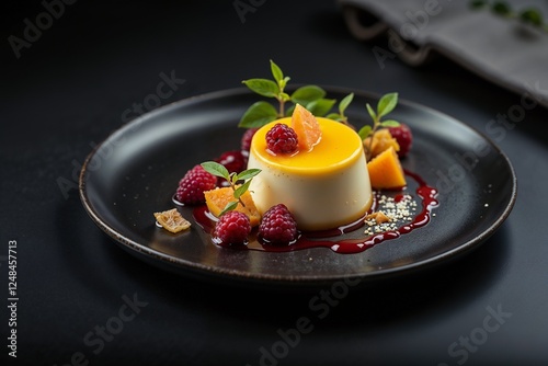 High-end dessert composition with vanilla panna cotta on a black ceramic plate