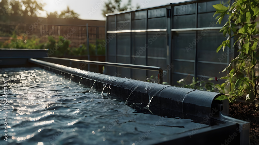 water flowing from a dark pipe into a dark rectangular pool. The sun sets in the background, casting a warm glow on the scene. water flowing from a dark pipe into a dark rectangular pool. The sun sets in the background, casting a warm glow on the scene.