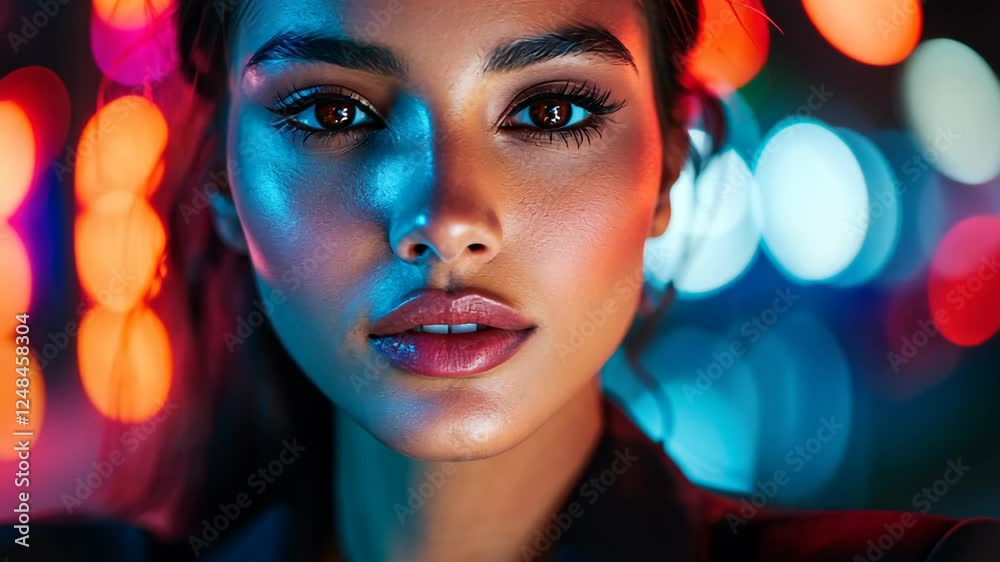 close up woman face portrait with calm and optimistic vibes, confident Caucasian businesswoman at city street at night with bokeh light backlight close up woman face portrait with calm and optimistic vibes, confident Caucasian businesswoman at city street at night with bokeh light backlight