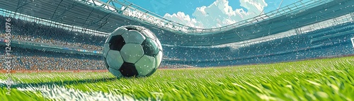 Soccer ball on field, full stadium, sunny day, use for sports, news, or social media photo