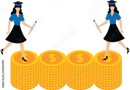 Education Industry and Pillars, Cost of Education, Graduation Caps on Piles of Gold Coins and Students Running with Pencils