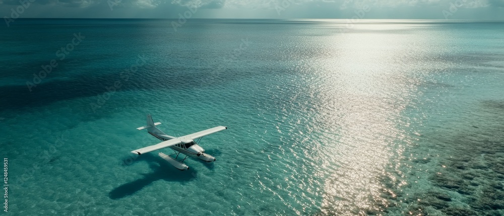 Fototapeta premium A serene parachute glides over endless blue ocean waters, capturing tranquility and boundless exploration in a grand sea escape.