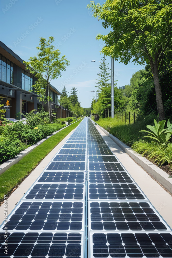 Naklejka premium Solar-powered bike paths in an urban environment, combining green energy and modern mobility.