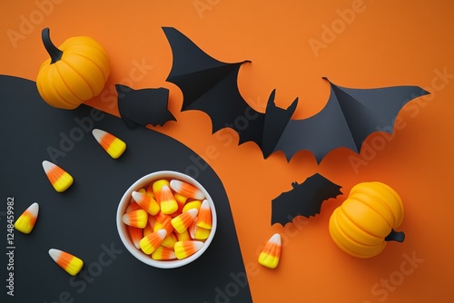 Halloween decorations with pumpkins bats and candy on an orange background photo