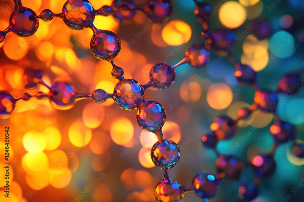 Intricate molecular structure featuring colorful spheres connected in a chain pattern on background, showcasing the complexity and beauty of cellular peptides in macro photography Intricate molecular structure featuring colorful spheres connected in a chain pattern on background, showcasing the complexity and beauty of cellular peptides in macro photography
