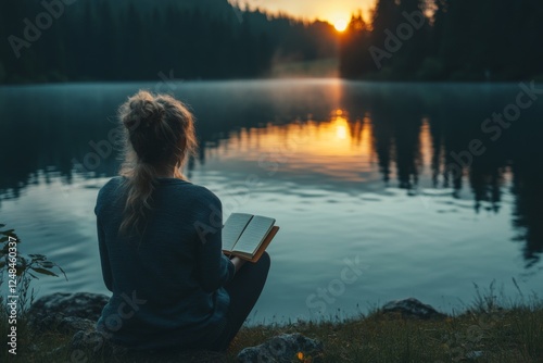 Person sitting by a lake at sunset with a calm reflective mood photo