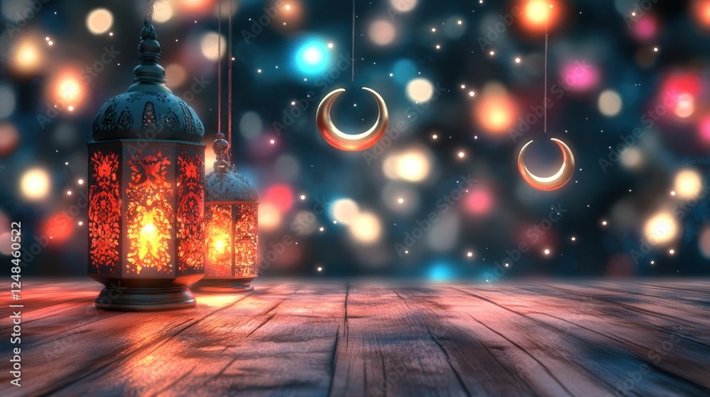Illuminated Lanterns and Moons Adorn Festive Wooden Surface Illuminated Lanterns and Moons Adorn Festive Wooden Surface