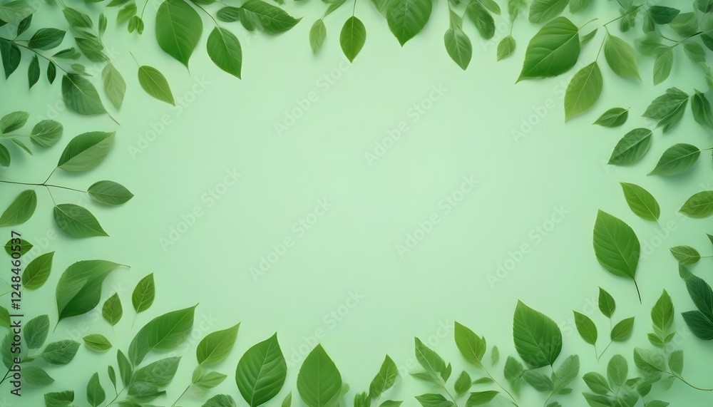 Hojas verdes dispuestas alrededor de los bordes de un fondo verde claro, creando un efecto de marco con un centro en blanco