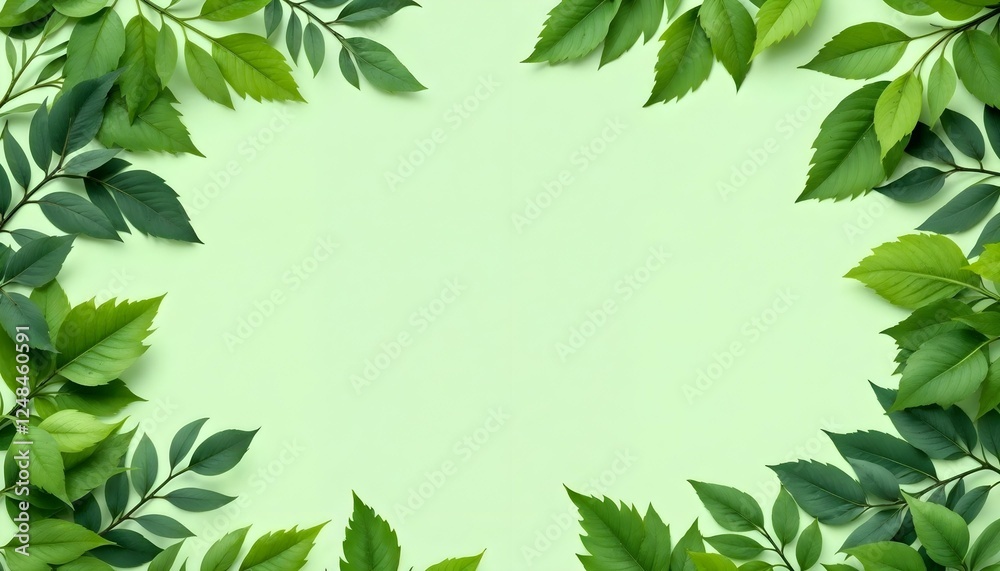 Naklejka premium Hojas verdes dispuestas alrededor de los bordes de un fondo verde claro, creando un efecto de marco con un centro en blanco