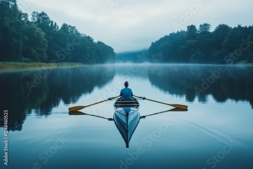 Lone rower on a calm lake at sunrise with mist on the water photo