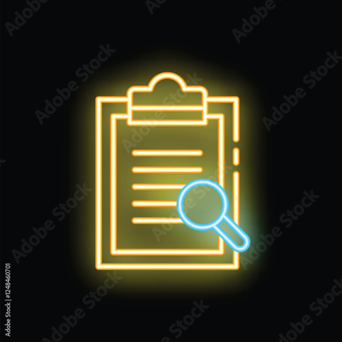 Glowing neon icon of a magnifying glass examining documents on a clipboard, representing concepts like auditing and due diligence