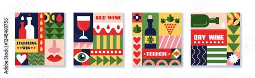 Wine design abstract. Food summer event, geometric vineyard. Drink menu, winery card. Concept cover flyer, social media post template, liquor from mosaic pattern, vector tidy vineyard Bauhaus poster
