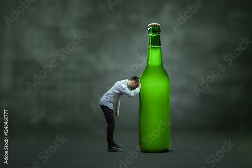 Person leaning sadly against a surreal giant beer bottle