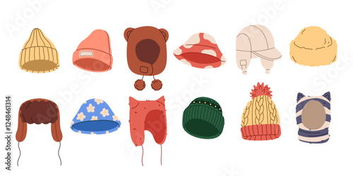 Winter hat. Wool cap. Fur clothes. Fashion for autumn. Fluffy headwear for freeze season weather. Knitted garment. Headdress for head protection. Warm accessory. Woolen accessory Vector clothing set