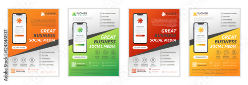 Mobile app template flyer. Promotion poster. Social media application. Book cover design. Smartphone screen. Brochure abstract business concept. Phone digital creative. Vector garish ad banners set