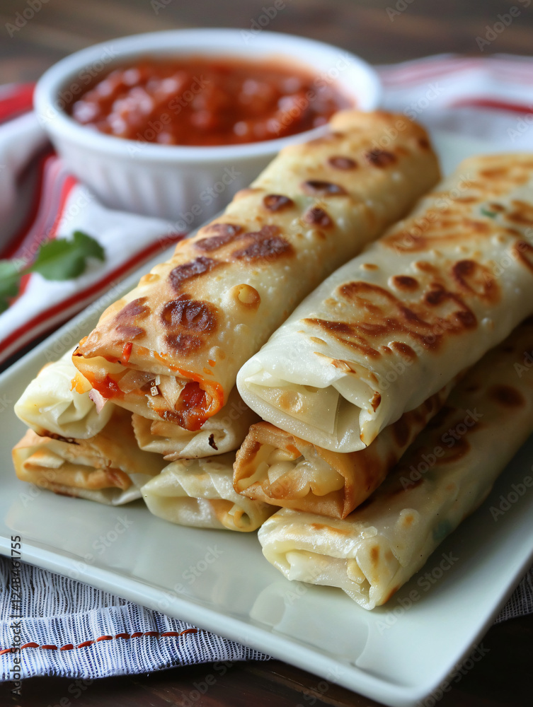 Crispy Spring Rolls with Sauce A stack of golden spring rolls on a rectangular plate. Crispy Spring Rolls with Sauce A stack of golden spring rolls on a rectangular plate.