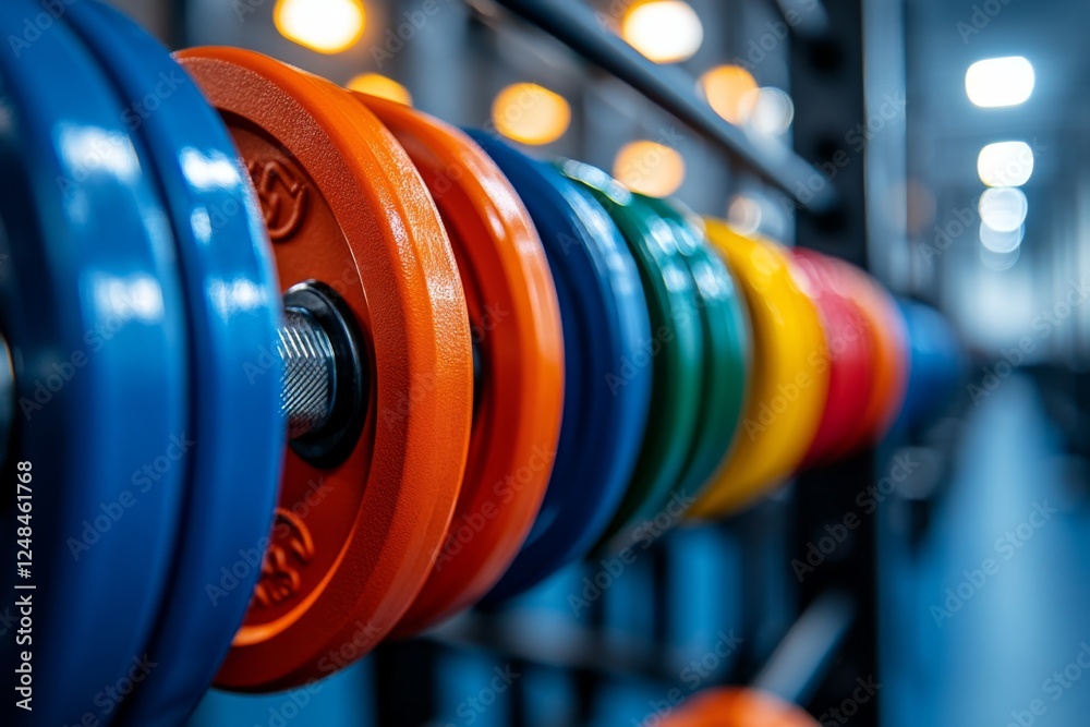 Obraz premium Colorful gym dumbbells aligned on racks in a modern fitness center