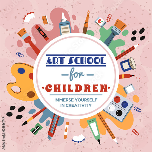 Art craft for kids. Schoolchildren painting. Poster about children creativity drawing. Class material, pencil, paintbrush. Circle frame. Creative stationery in round form. Vector design tidy banner