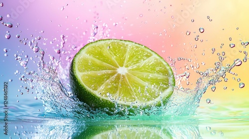 Vibrant Lime Slice Splashing in Water with Colorful Background