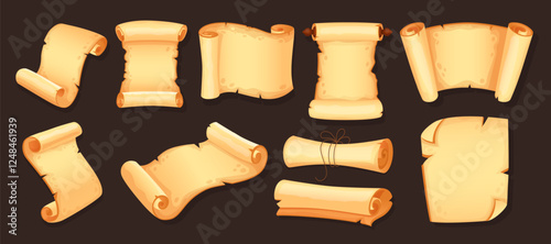 Parchment cartoon. Papyrus paper, scroll, ancient treasure roll. Game icon, manuscript map, old medieval blank torn Torah. Antique document pages. Vector card made of aged tidy wood isolated set